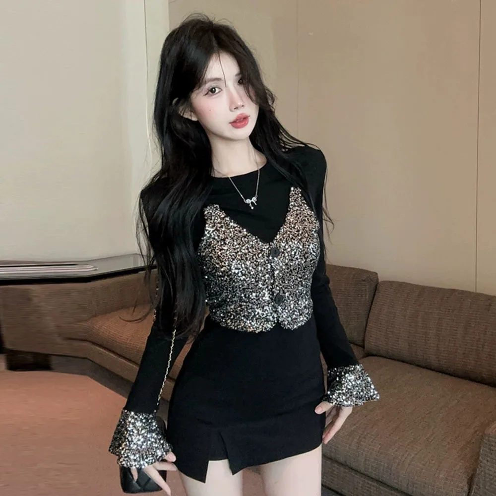

Fashion Fake Two Piece T-shirt for Women Slim Fit Sequin Splicing Long Sleeved Elegant Top Female Slim Black Tees Woman clothing
