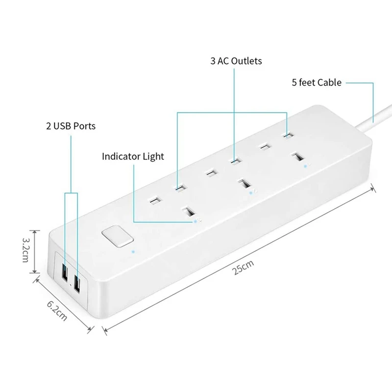 Wifi Home Power Strip,APP Control Power Strip Compatible For Alexa And Google Home 2USB Port Extension Socket UK Plug