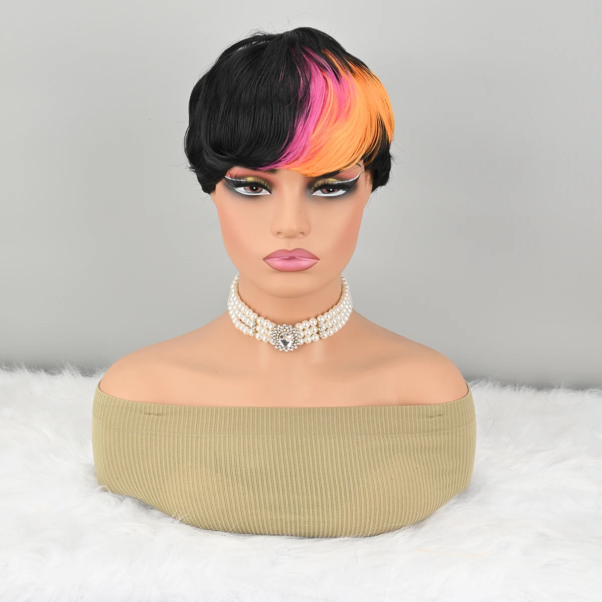 Peruca curta bob para preto amarelo e rosa pixie perucas sintéticas peruca sem cola nenhuma peruca frontal com franja natural preto reto completo