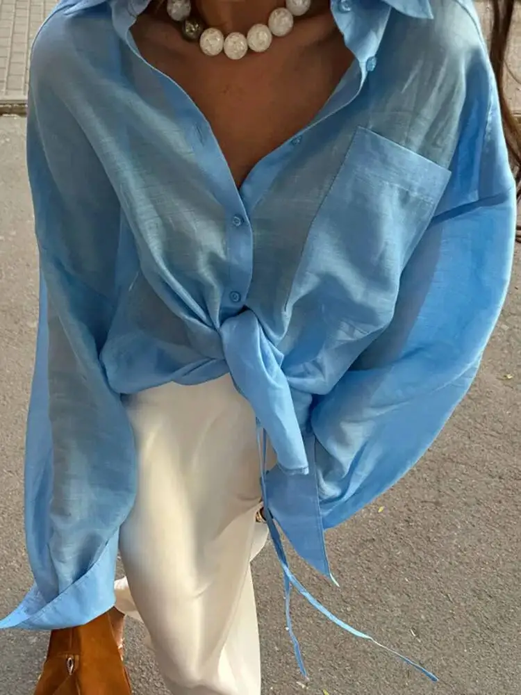 

Fantoye, осенние новые женские блузки с отложным воротником, синие однобортные блузки с длинными рукавами, женские свободные повседневные уличные блузки 2025