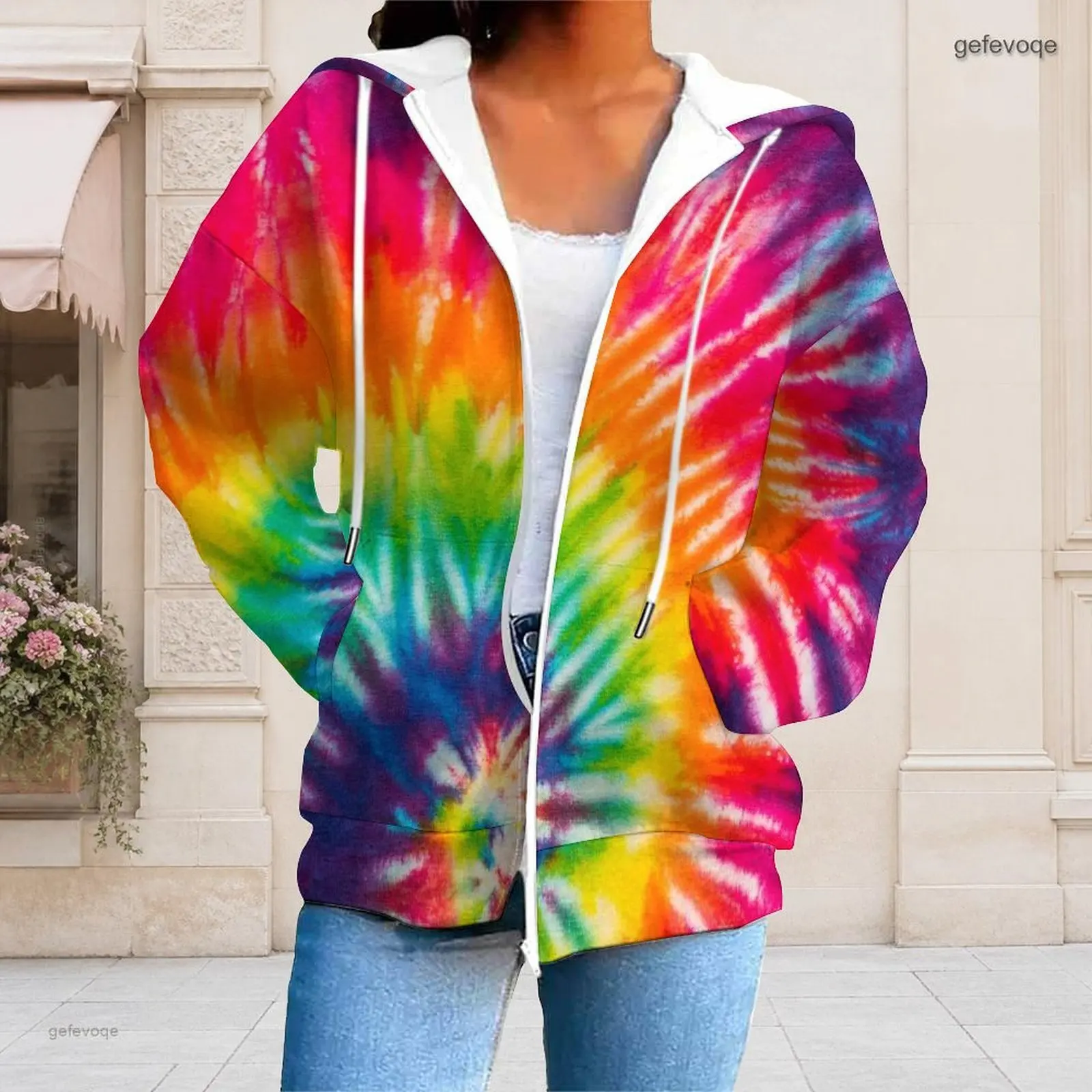 Women Black White Starry Star Printed Zip Up Long Sleeve Hoodie With Drawstring Hood and Pockets