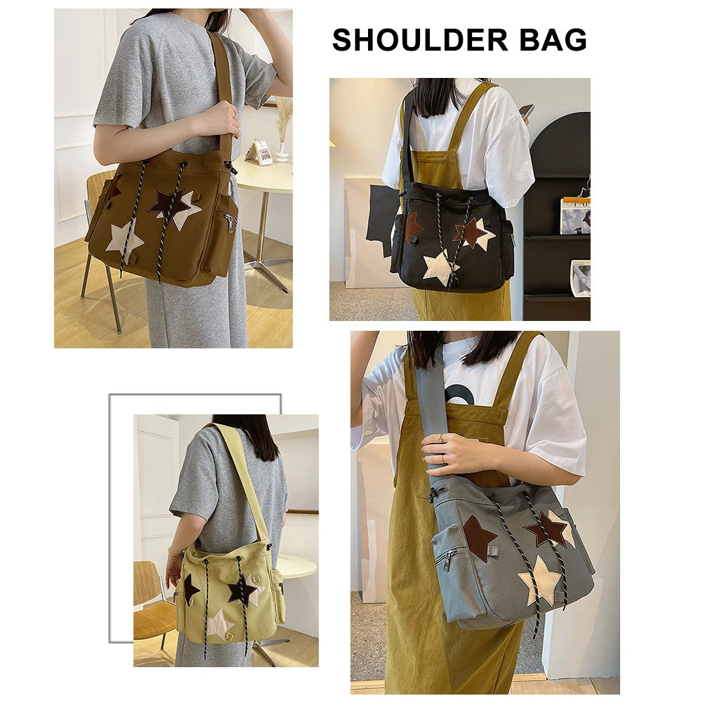 

Women Kawaii Sling Bag Large Capacity Canvas Versatile Hobo Bags Star Applique Y2K Street Style School Bag for Teens Students