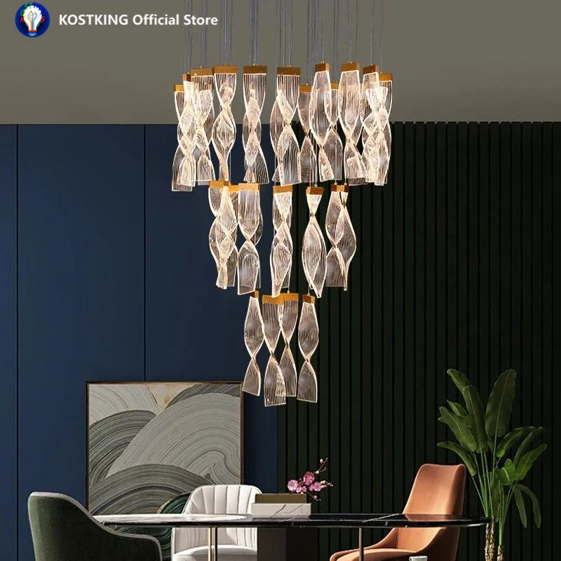 Nordic Stairs Acrylic Led Dimmable Chandelier Modern Luxury Foyer Pendant Chandelier Lighting Indoor Led Lighting Pendant Light