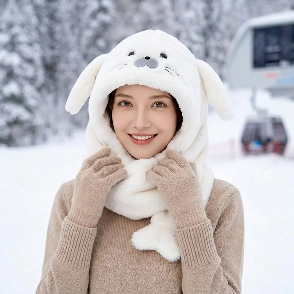 Fashion Fleece Seal Plush Hooded Scarf 3 in 1 Solid Color Earflap Hat Beanie Thickened Ear Protection Hat Female/Girls