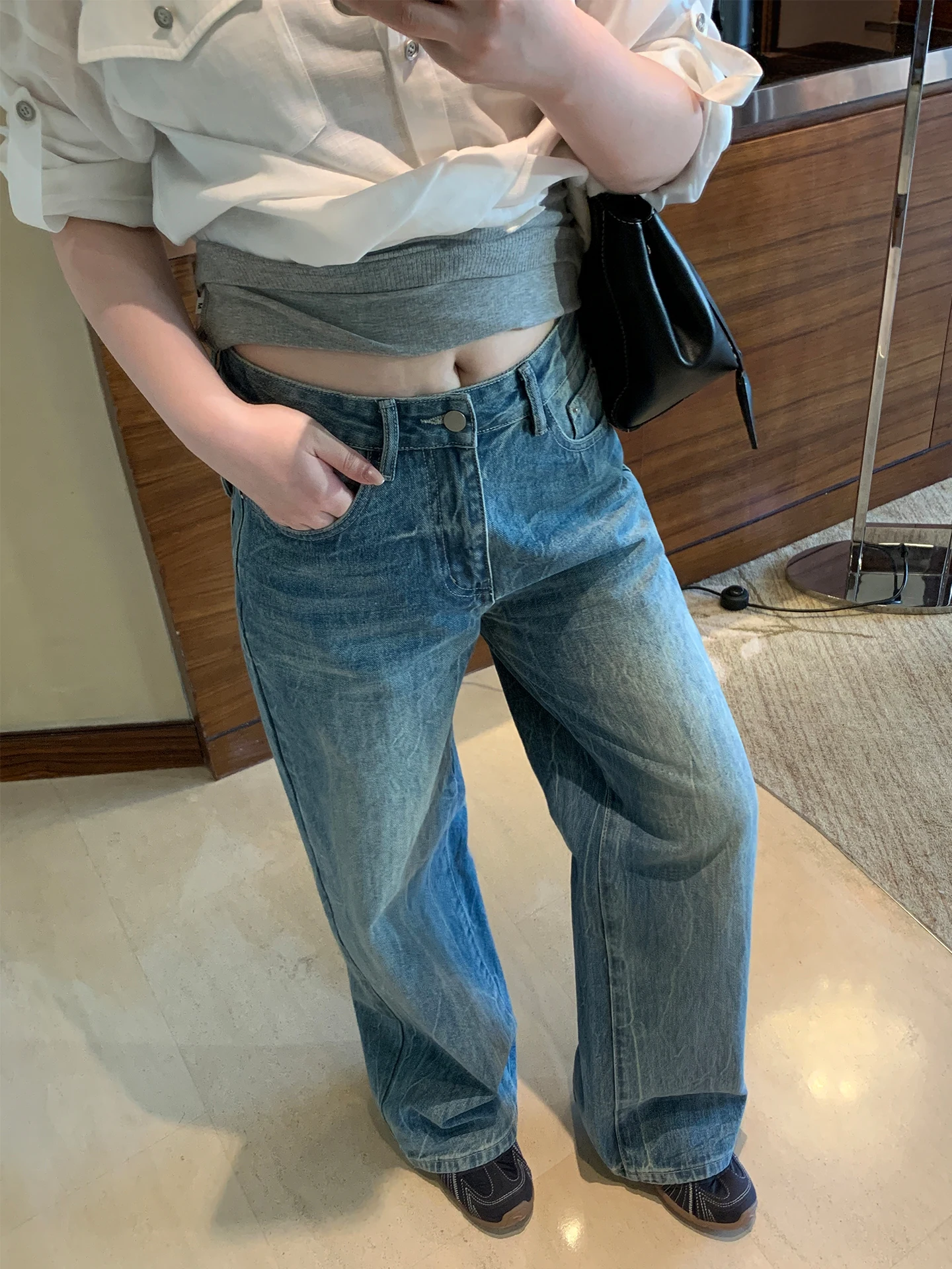 

Женские свободные джинсы прямого кроя с широкими штанинами, синие, с узором «Волна», из хлопка, с застежкой-молнией на талии