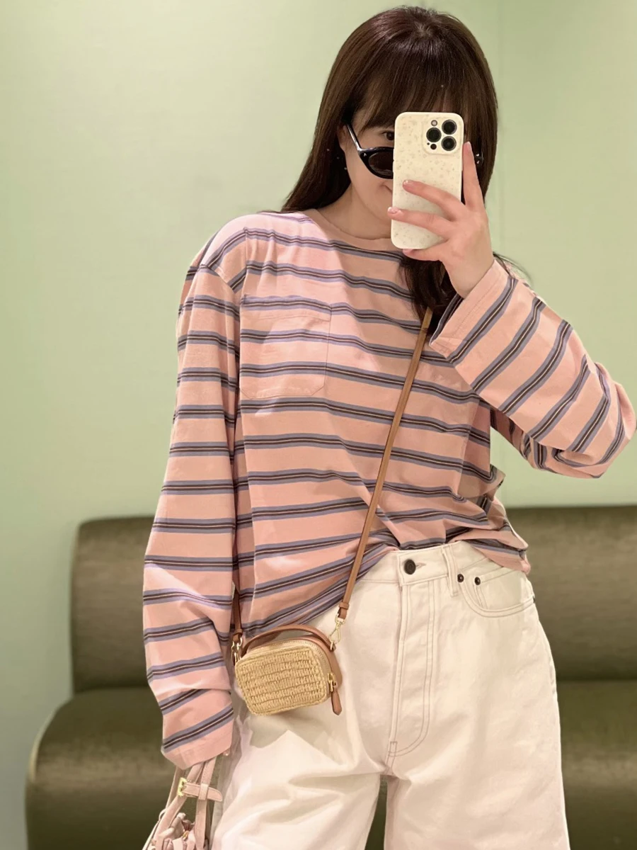 Loose Long Sleeve round Neck Pullover T-Shirt Salt And Sweet Girl 2026 Early Autumn New Powder Blue Striped Casual Top
