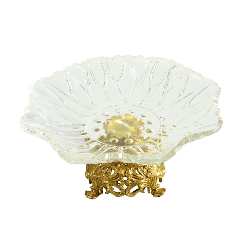 Royal Unique Crystal/Glass Decorative Fruit Bowls/Candy Dish with Brass Modern Copper Home Decoration