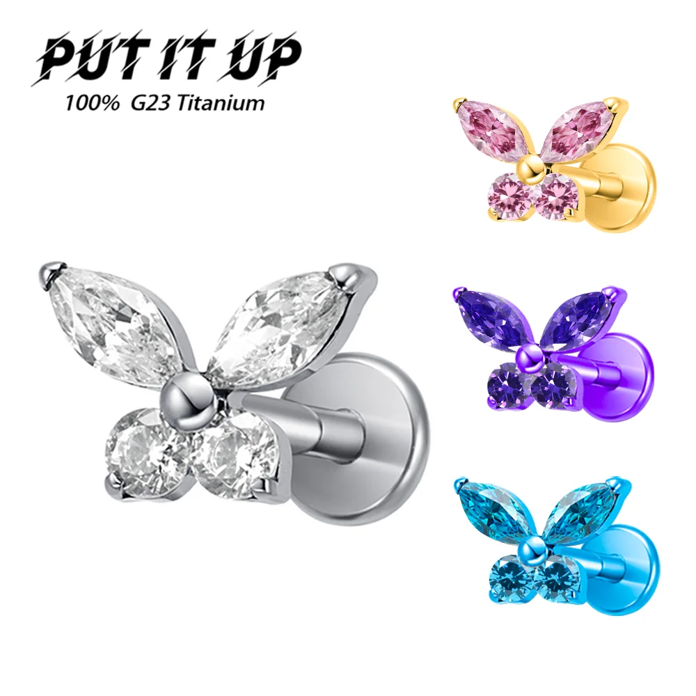 PUTITUP ASTM F136 Titanium Butterfly Zirconia Earrings Rock Punk Style Ear Bone Lip Stud Universal Body Piercing Jewellery