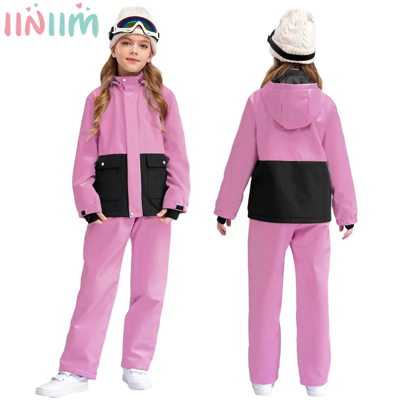 Children Girl Skiing Snowboarding Costume Set Long Sleeve Zipper Windproof Cotton-padded Warm Hooded Jacket with Pants Tracksuit