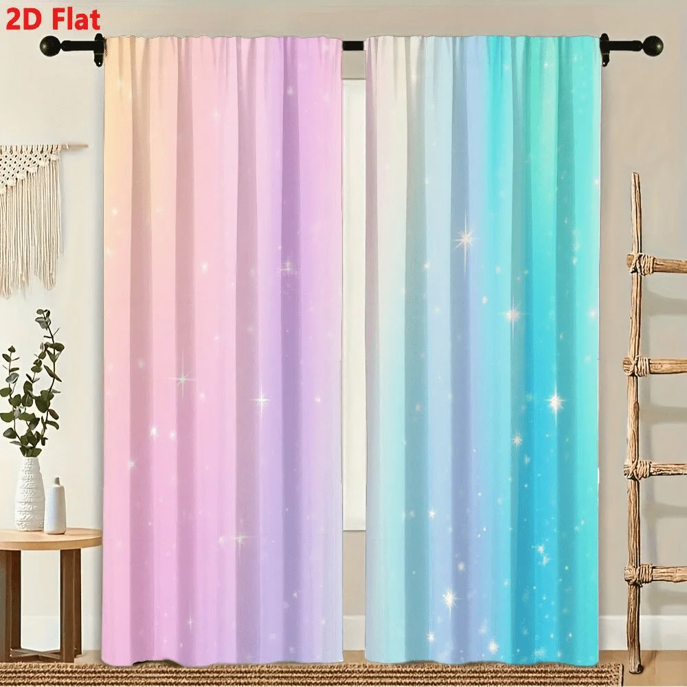 

2pcs Curtains Gradient From Pink To Blue Glittering Particles Window Drapes For Bedroom Room Decor Decoration Window Treatment.