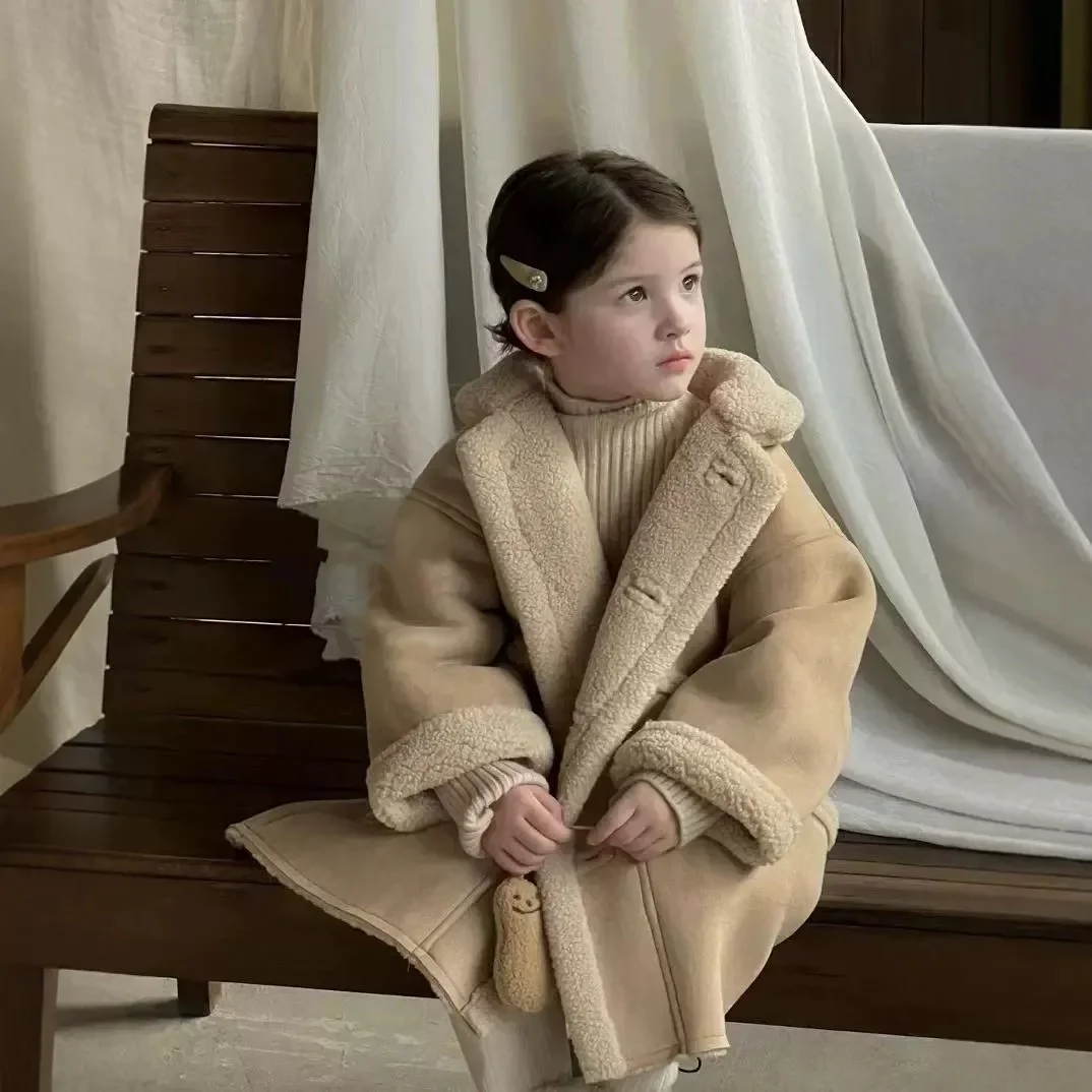 

Girls Coat Winter New Thick Lamb Fleece Composite Deer Skin Velvet Camel Warm Flip Collar Coat Kids Clothes Girls