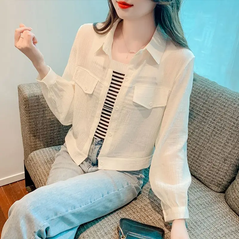 Summer Elegant Fashion Harajuku Slim Fit Female Clothes Loose Casual All Match Outerwear Button POLO Collar Long Sleeve Shirt