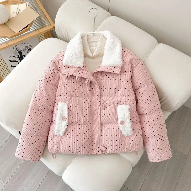 

Sweet Fashion Polka Dot Women Cotton Coat Korean Style Turn Down Collar Spliced Warm Jacket Versatile Casual Winter Outerwear