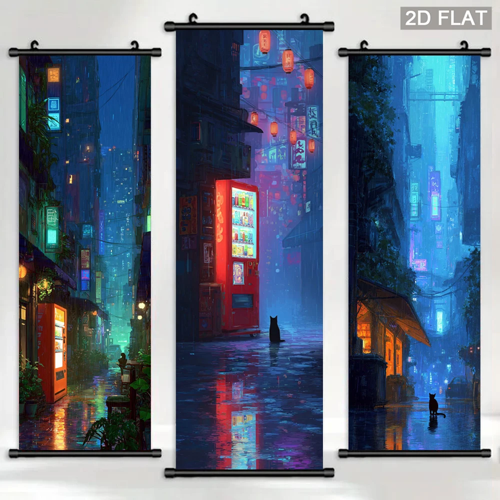 VIKAMA Anime City Scroll Tapestry, Cyberpunk Japanese Rainy Street Neon Wall Hanging, Landscape Poster for Gaming Room Decor