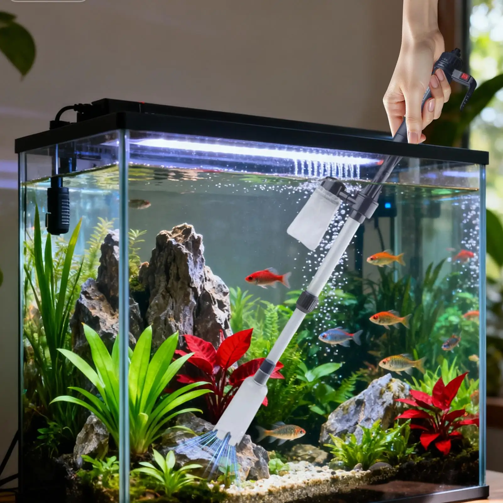 Aquarium Vacuum Gravel Cleaner Adjustable Telescopic USB Portable Fish Tank Water Vacuum Cleaner Tool for Office Apartment