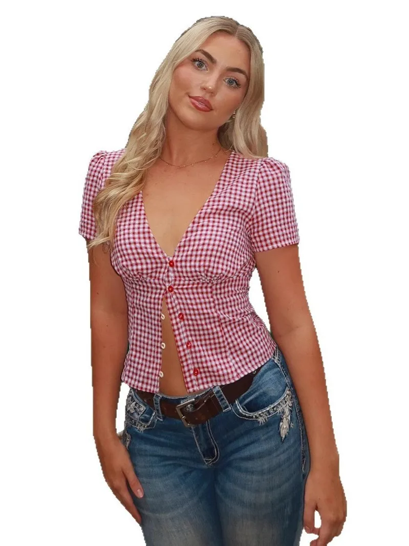 セクシーなスリムフィットまたはスベ V ネックトップ女性のファイオン イルト コントラスト カフ ケット 多用途ワークウェア カジュアル クラシック チェック柄 PU