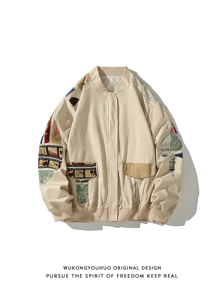 

Мужская молодежная куртка-бомбер в стиле ретро хип-хоп с пэчворком, свободного кроя, повседневная, универсальная, молодежная, стильная, для уличной моды