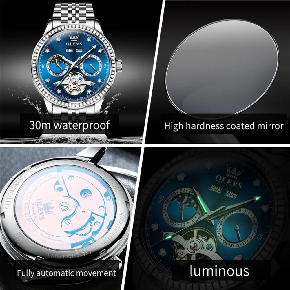 ساعات OLEVS للرجال من أفضل العلامات التجارية الفاخرة توربيون ساعة ميكانيكية للرجال من الفولاذ المقاوم للصدأ مقاومة للماء ساعة مرحلة القمر الماسية #4