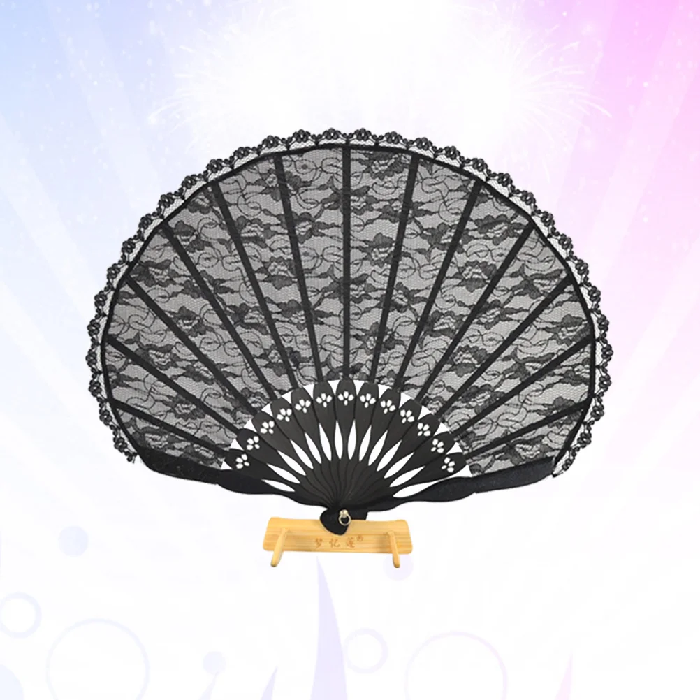 Chinese Style Lace Folding Fan Ancient Silk Fan Black Cheongsam Vintage Hand Fan for Summer Decor