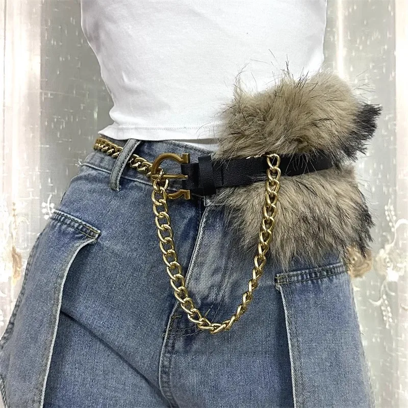 

Women's Fashion Fur Patchwork Gold Chain PU Leather Corset Female Cummerbund Coat Waistband Dress Decration Wide Belt J1328