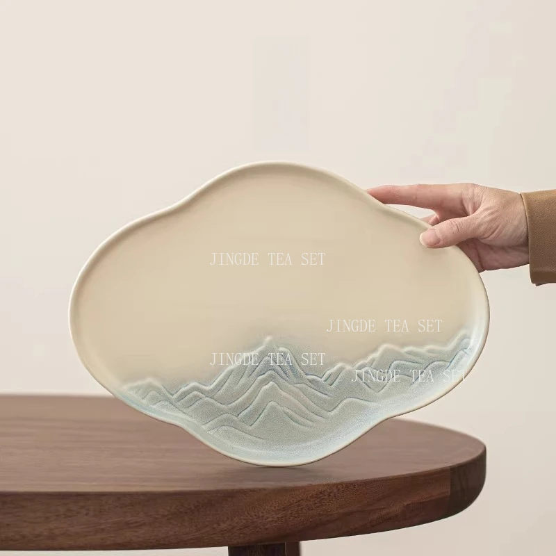 

Ceramic Tea Tray Landscape Carved Fruit Platter Chinese Teapot Tray Household Dry Foam Table Tea Tray Tea Ceremony Accessories