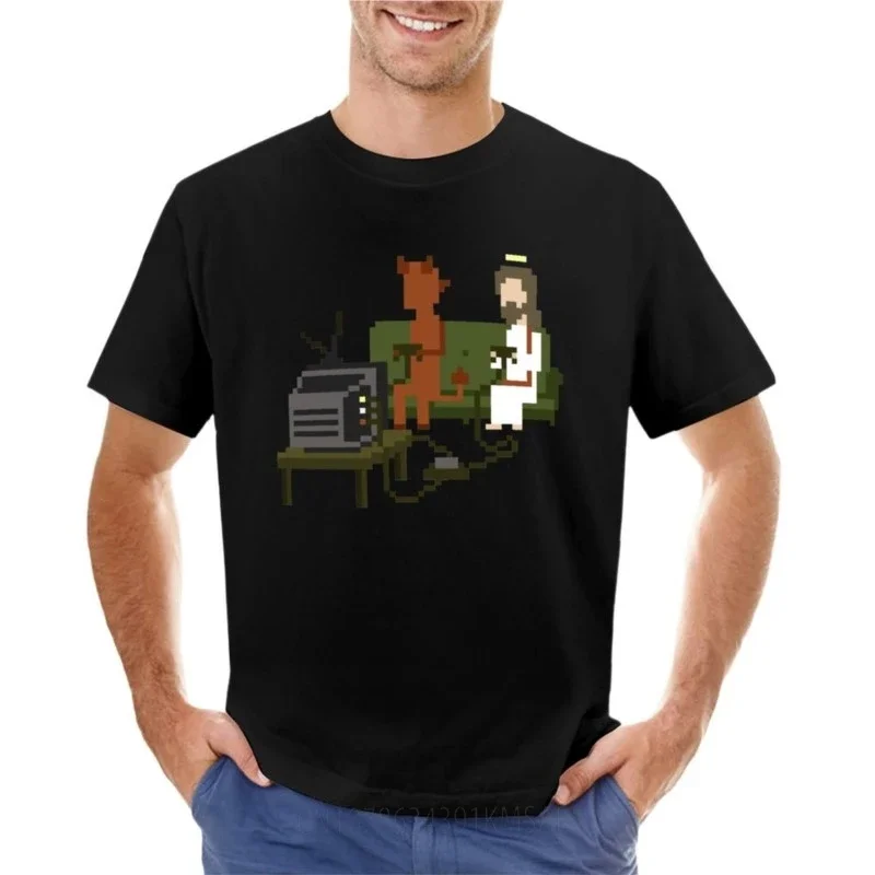 Jesus And Devil Playing Video Games Pixel Art T-Shirt oversized t shirts man clothes T-shirt men