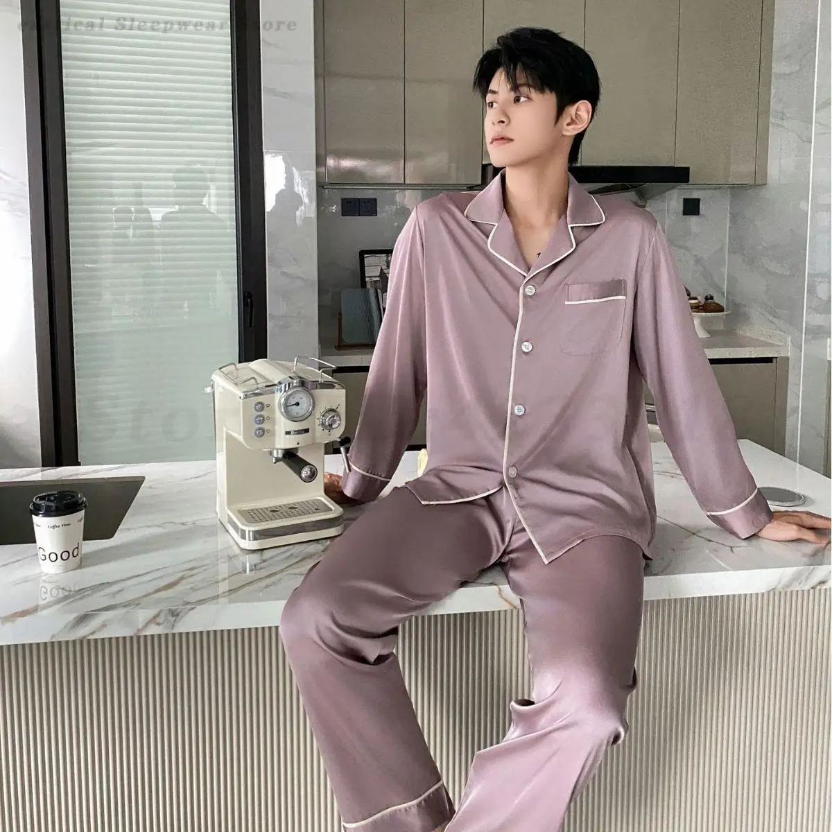 Long Sleeve Pajama Set Silky Satin Pyjamas Men Minimalist Casual Home Clothes Nightwear Shirt&Trousers 2PCS Sleepwear Loungewear