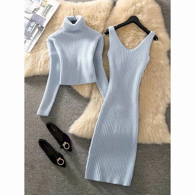 

Elegant Dress Sets Long Sleeve Sweaters and Knitted Bodycon Skirts Matching Sets Loose Korean Style Casual Women Two Piece Set