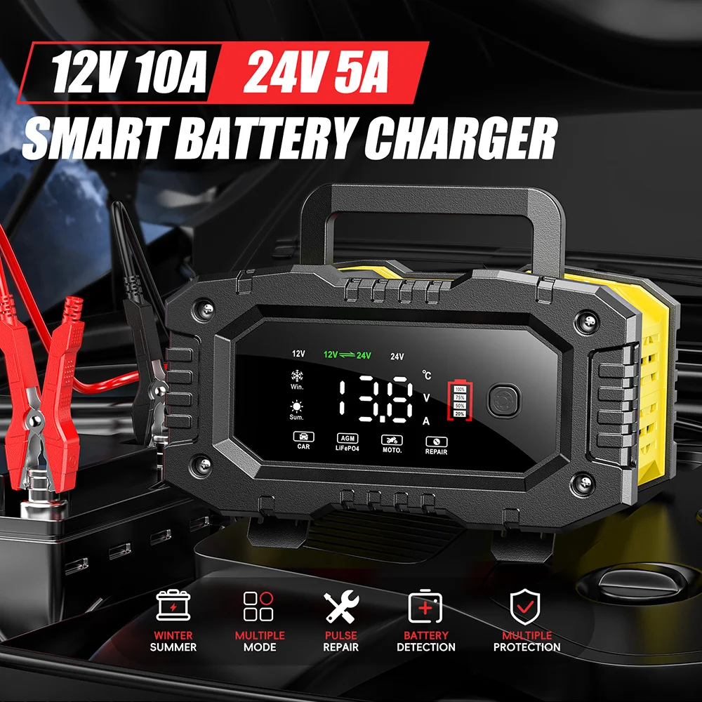 12V/10A 24V/5A Automatic Car Motorcycle Battery Charger Pulse Repair for Lead Acid LiFePO4 AGM EFB GEL WET Battery FOXSUR