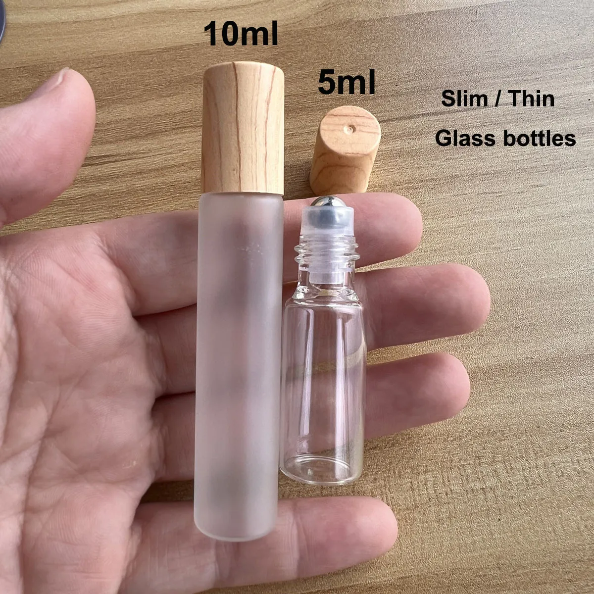 20X 50X Slim Glass Essential Oil Roller Bottles 1/2/3/5/10ml Frosted Clear Roll on Vial Wood look Plastic Cap Lid Perfume Thin
