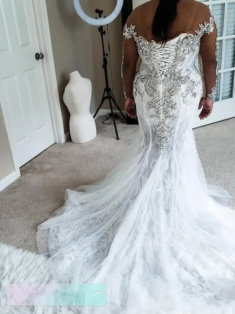 Customized See Through Lace Mermaid Plus Size Wedding Dress With Crystals Beading Sweep Train Long Sleeves African Bridal Gown