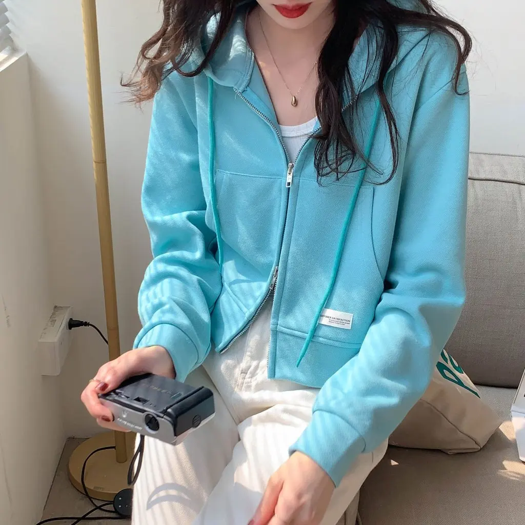 여성용 얇은 지퍼 후드 가디건 단색 짧은 재킷 캐주얼 봄 여름 니치 디자인 도매
