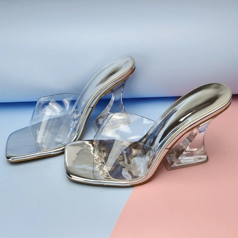 2022 Transparent PVC Women\'s Slippers Fashion Square toe Cup heeled Summer Female Mules Slides crystal High heels Sandals Shoes