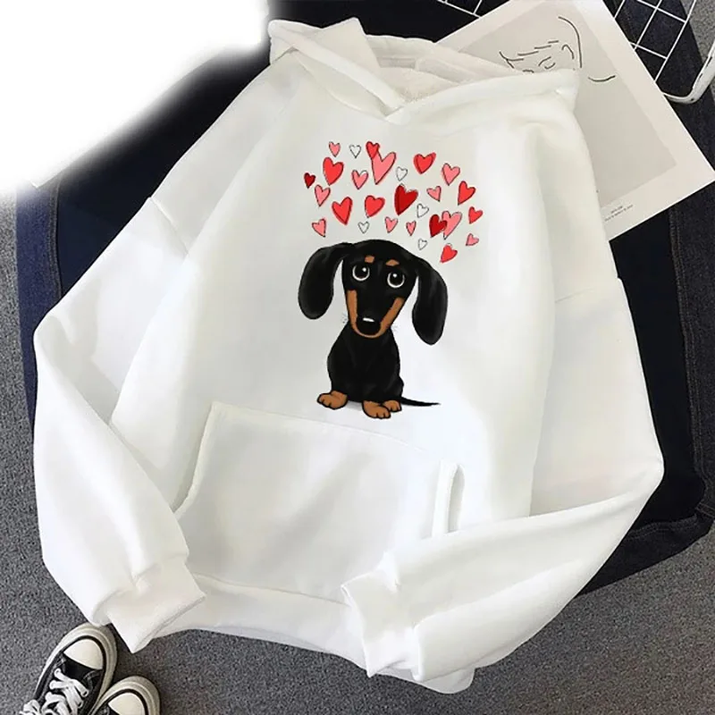 New Cute Dachshund Dog Hoodies Love Cartoon Print Men Woman Kawaii Hoodie Hooded Sweatshirts Pullovers Unisex Tracksuit Clothing