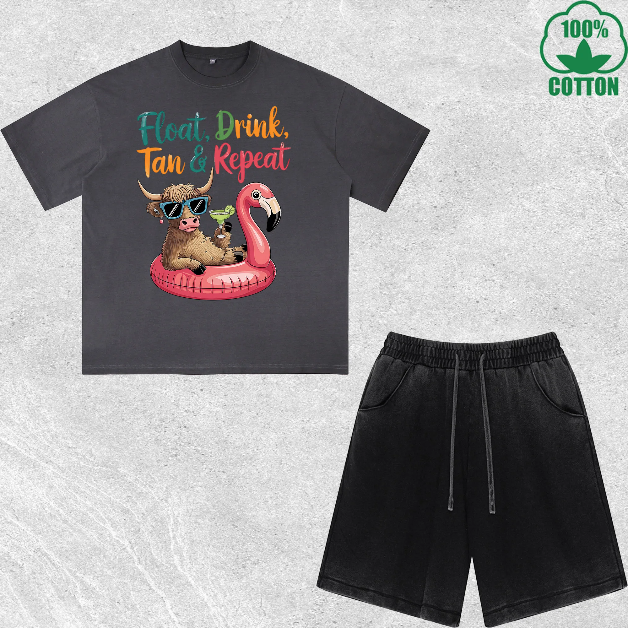 

Summer Design Printed Dirty Wash T-Shirt Shorts Set Multicolor Combo Loose Trendy Fashionable 100%Cotton