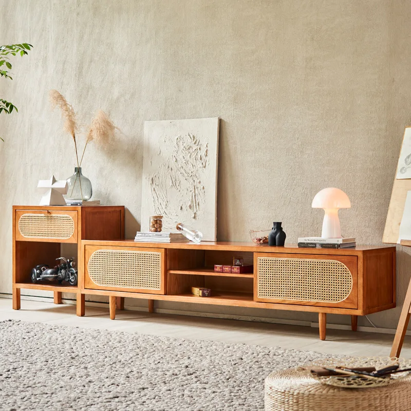 Modern simple TV cabinet rattan heightened combination wall cabinet living room small apartment Nordic solid wood leg locker