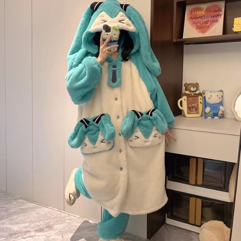 Cute Kitty Hatsune Miku Plush Hooded Nightgown Women's Winter Coral Velvet New Thickened Nightdress Girls Homewear Set