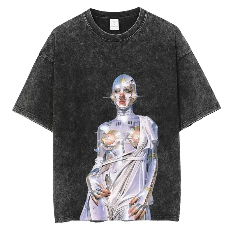 High-end Grunge Fashion Show Robot Lady Graphic T-Shirt Y2k T Stage Sexy Girl Print Tshirt Cotton Oversized Short Sleeve Tees