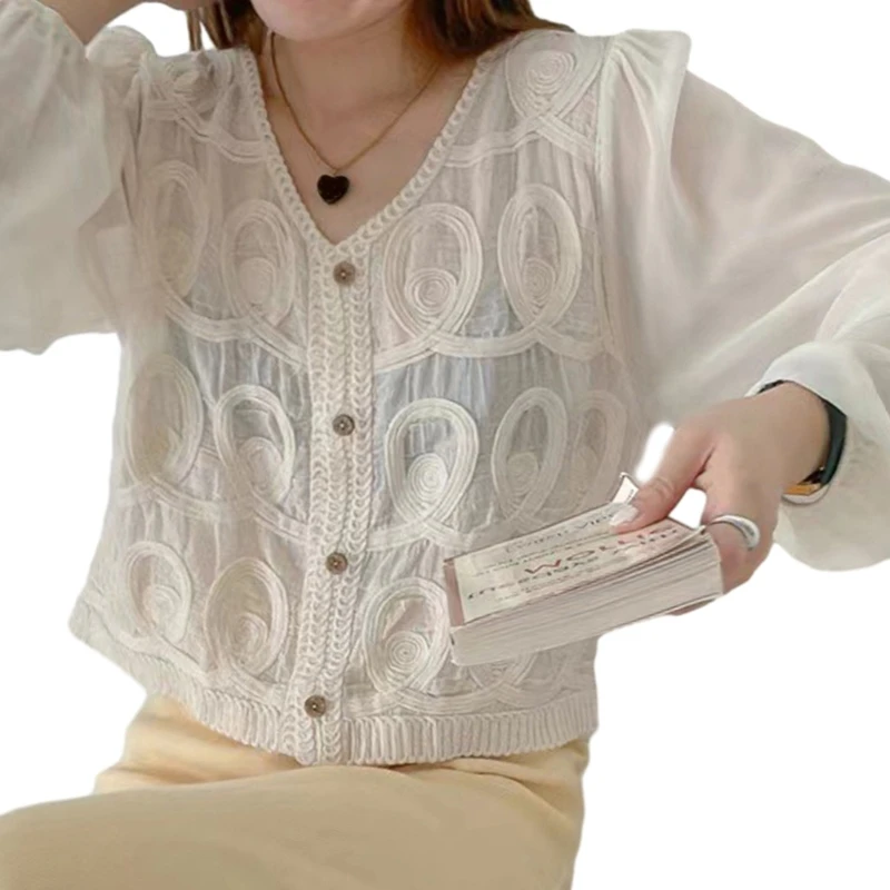 2024 Phụ Nữ Mới Sheer Voan Puff Dài Tay Áo Cardigan Rỗng Ra Móc Ren Miếng Dán Cường Lực Cổ Chữ V Nút Xuống Crop Top