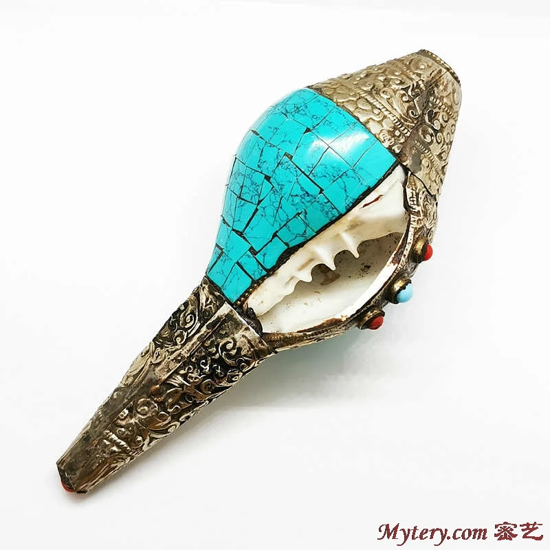 15CM Real Seashell Handicrafts Tibetan Buddhist Things Copper Capped Colorful Stone Craft Arts Free Shipping BC980