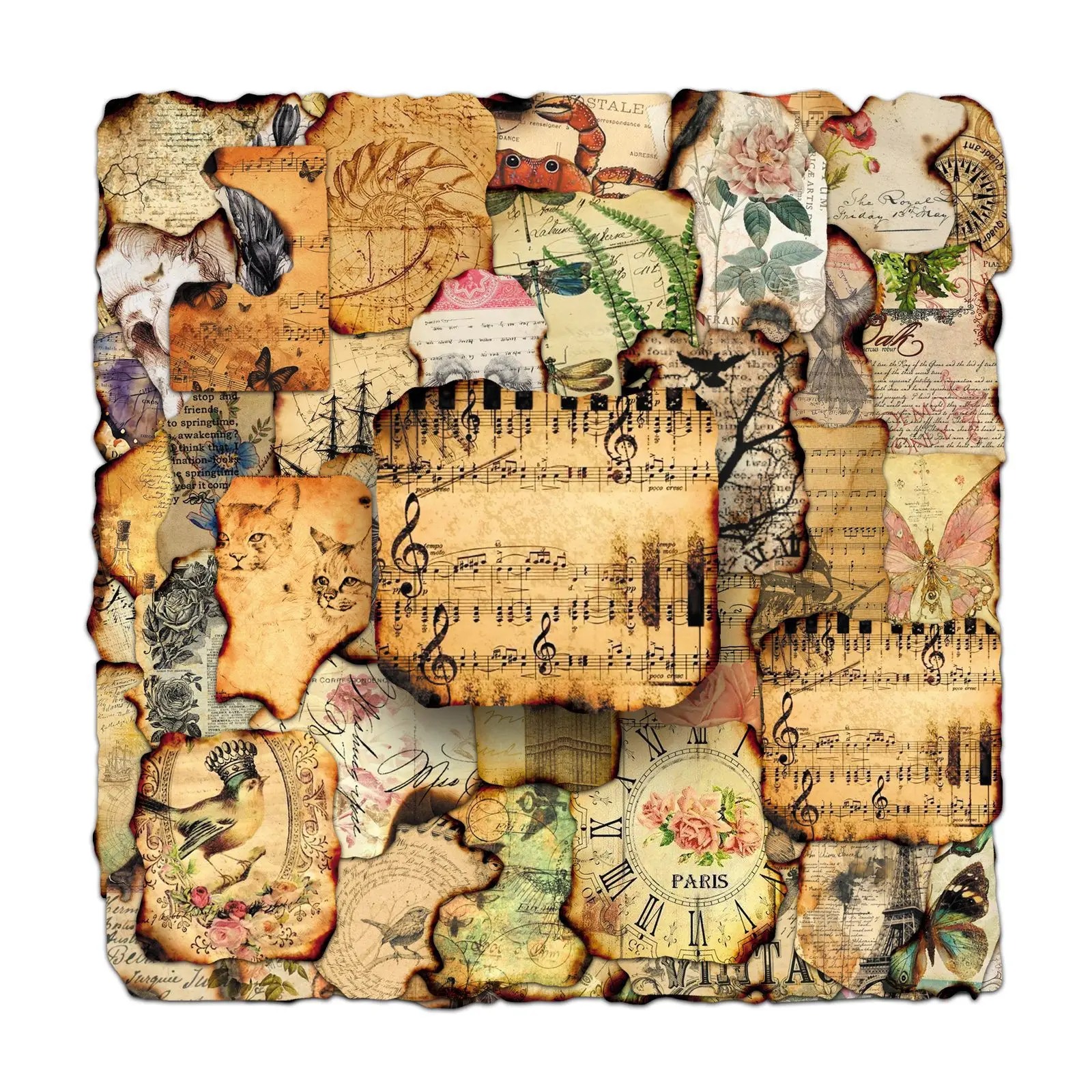 

50PCS Retro Style Burn Trace Sticker Burnt Book Page Fragments Decorative Water Cup Luggage Notebook Waterproof Sticker Kids Toy