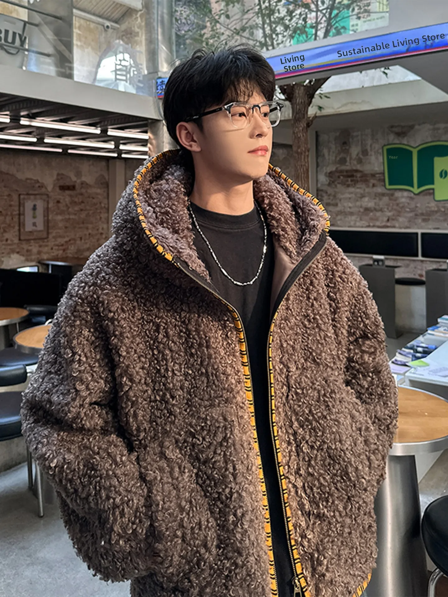 

Хлопковая куртка с капюшоном и американским мехом ягненка в стиле ретро, мужская зимняя новинка, теплое свободное хлопковое пальто, верхняя одежда для пар, повседневная одежда