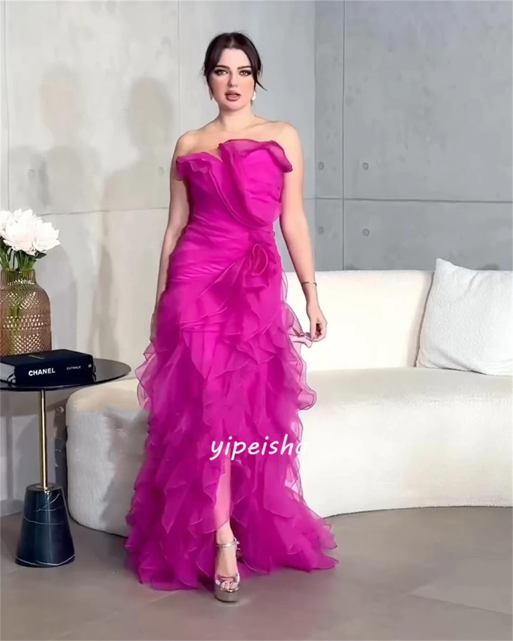 Customized Retro Tulle Ruched A-line Strapless Long Dresses Evening Dresses Fashion Elegant Exquisite High Quality Sexy Sparkle