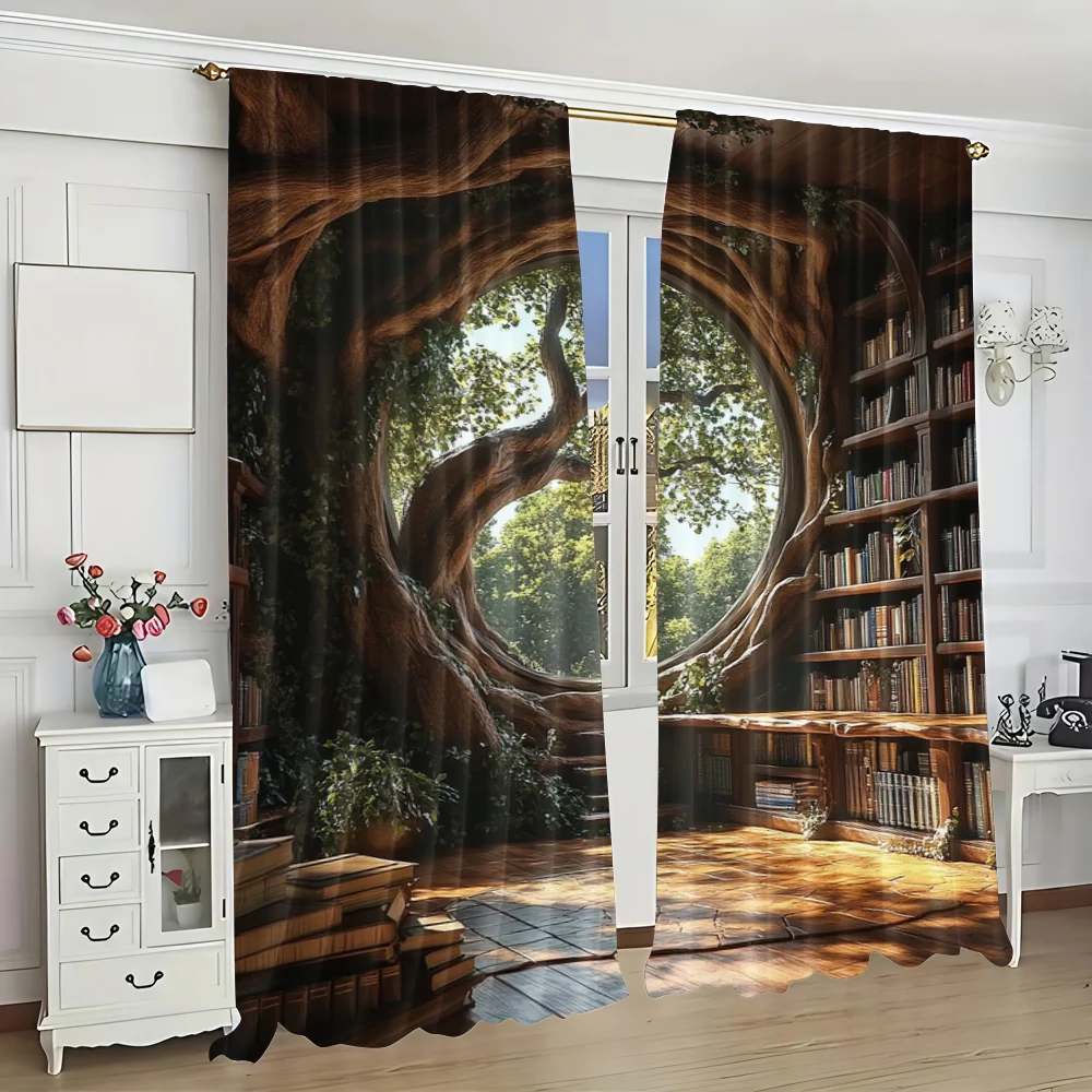 2pc,  Curtains Retro Library 100% Polyester,Without Electricity Birthday Party Applies to Home Decor