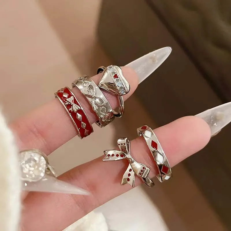 Y2K Vintage Red Drip Oil Bow Rings for Women Girls Cool Sweet Silver Color Heart Open Rings Fashion Christmas Jewelry Gifts