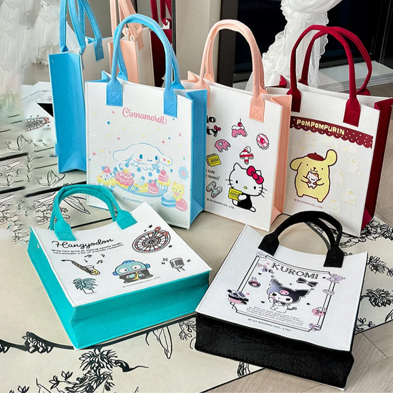 Kawaii Sanrio Anime Handbag Cute Hello Kitty Kuromi Cinnamoroll Cartoon Large Capacity Shopping Bag Felt Bag Gifts for Girls