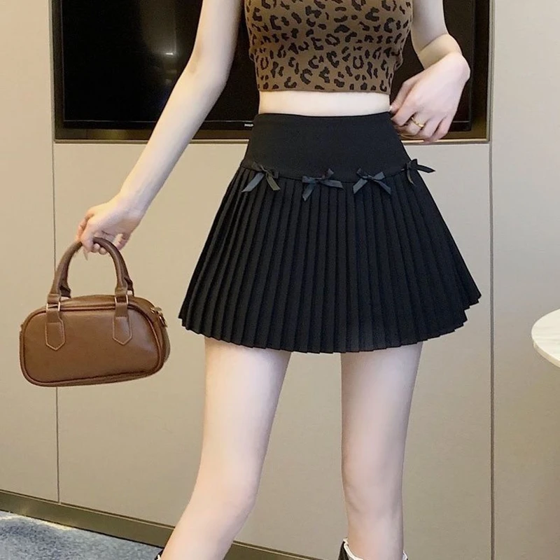 Streetwear Bows Women Mini Skirts Black Summer Solid Korean Fashion Sweet White Pleated Skirt A-line High Waist Faldas Mujer