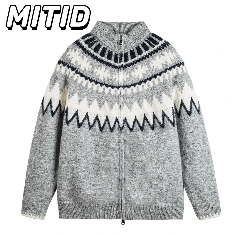 Autumn Winter Fair Island Sweatercoat Men and Women Zipper Stand Collar Knitted Cardigan Sweater Warm Christmas Sweater Men