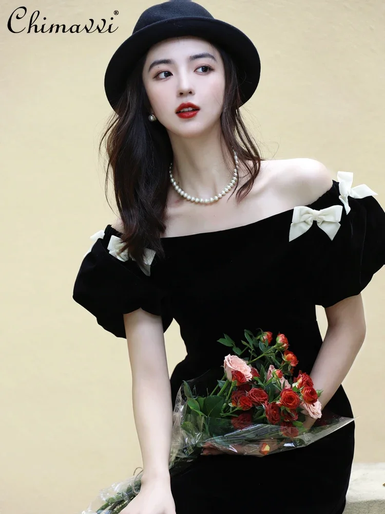 French Elegant Retro Hepburn Style Bow Off Shoulder Puff Sleeve High Waist Slim A-line Socialite Velvet Long Evening Dress Women