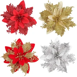 13cm Glitter Artifical Christmas Flowers Merry Christmas Tree Decoration Happy New Year Ornaments Xmas Fake Flowers Gifts